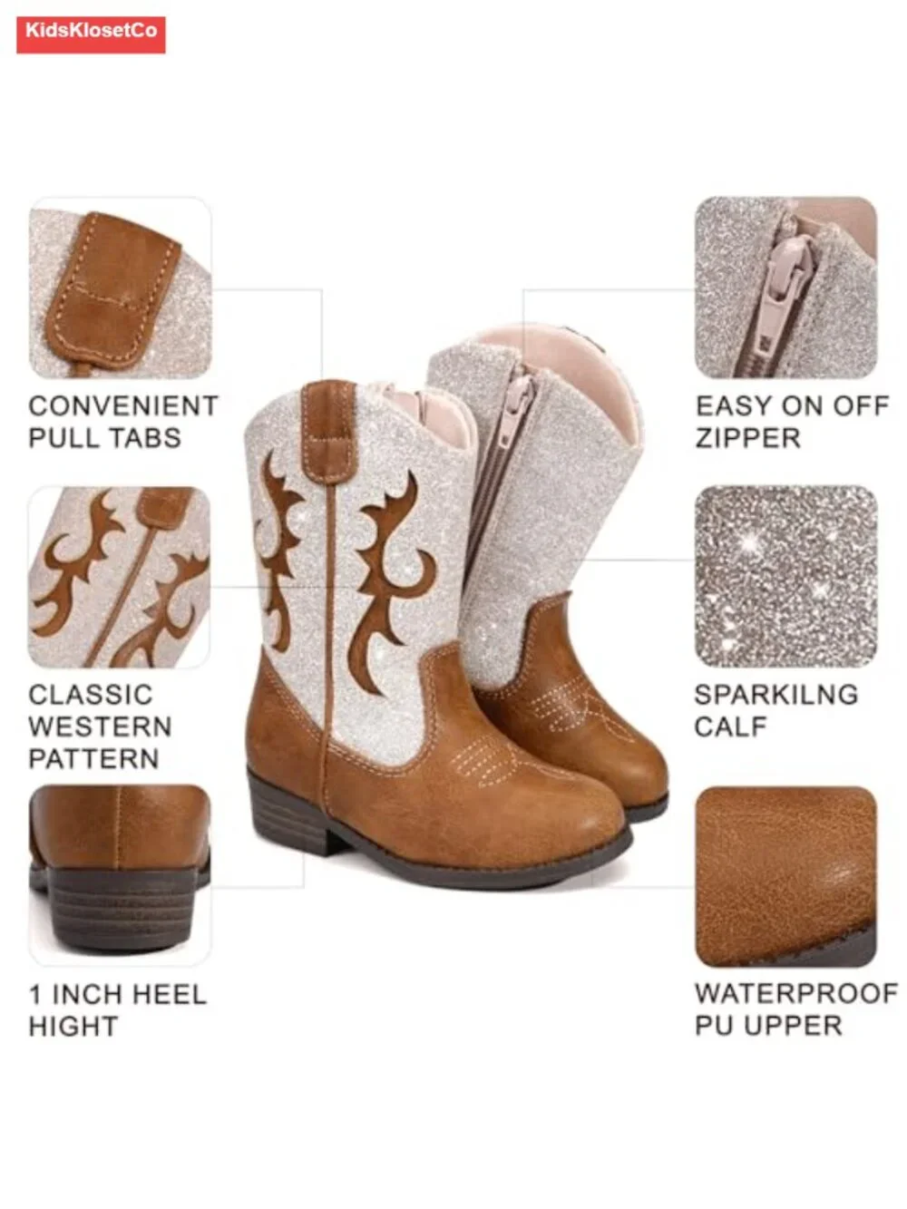 Girls Western Boots with Glitter PU Leather Side Zipper Non-Slip
